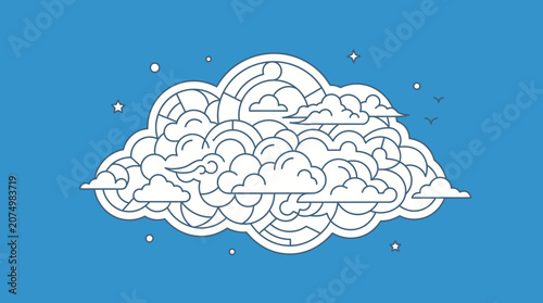 Eine stilisierte, dekorative Wolkenillustration mit komplexen Linienmustern und geometrischen Formen auf einem einfarbigen blauen Hintergrund für kreative Designprojekte.