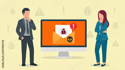 Cuadro en lienzo Business people concerned about cybersecurity threat, malware email on computer