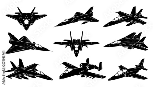 Photos Military fighter jet aircraft silhouettes set in different views