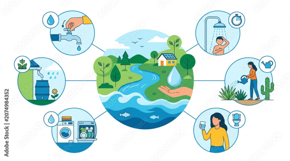 Naklejka premium Vector illustration depicting the water cycle and its uses, showing conservation and daily activities like showering, watering plants, and washing clothes, all centered around a vibrant