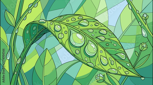 Eine künstlerische Illustration eines grünen Blattes mit Wassertropfen im Mosaik-Stil, das ein frisches und natürliches Design mit geometrischen Formen und lebendigen Farben zeigt.