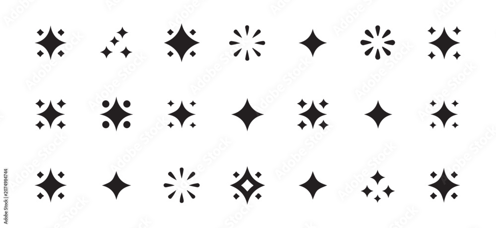 Fototapeta premium Decorative Black Sparkle and Twinkle Star Icons Set