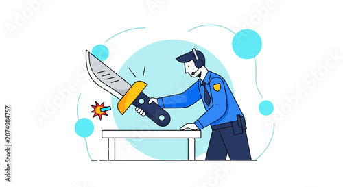 Security Guard Inspecting Large Knife on Table