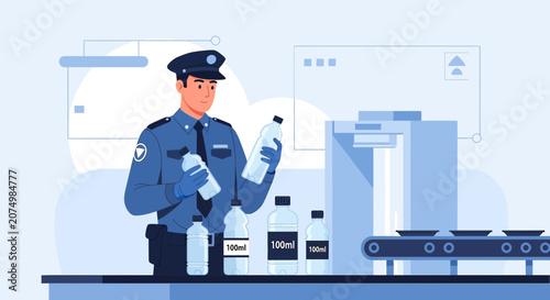 Security Guard Inspecting Liquids at Airport Checkpoint, Safety Scan