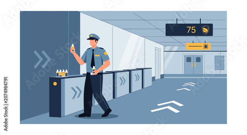 Security Guard Inspecting Liquids at Airport Checkpoint Turnstiles