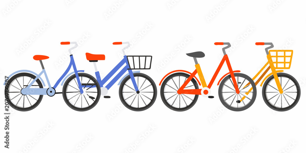 Fototapeta premium Four Flat Design Bicycles Lined Up Against A White Background