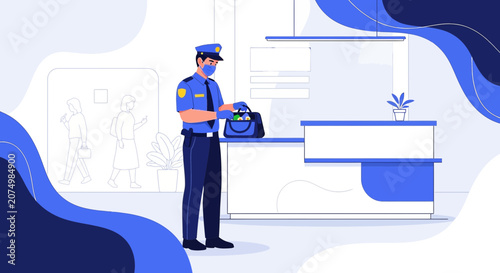 Security Guard Inspecting Luggage at Checkpoint