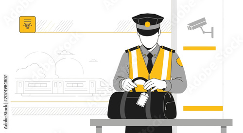 Security guard inspecting luggage at train station, surveillance and safety concept