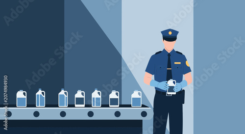 Security Guard Inspecting Product Bottles on a Conveyor Belt: Quality Control and Safety