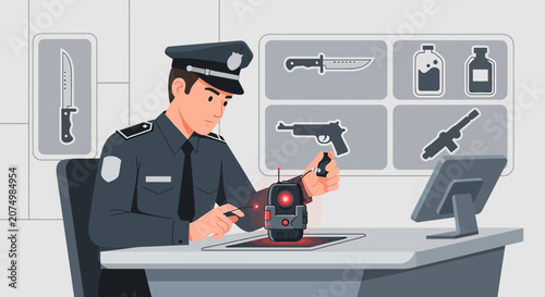 Security guard inspecting robot with scanner, weapons display in background.
