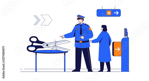 Security guard inspecting scissors at airport gate