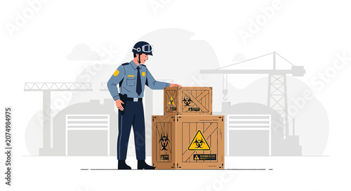 Security Guard Inspecting Radioactive Hazmat Cargo at Industrial Site
