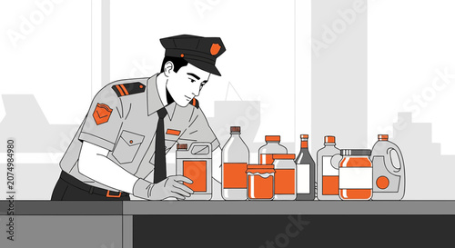 Security guard inspecting suspicious bottles and containers at checkpoint