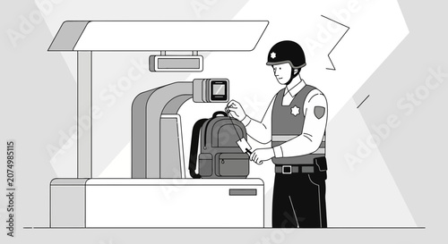 Security guard inspects backpack at checkpoint scanner, airport, travel safety concept
