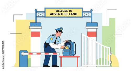 Security Guard Inspects Backpack at Adventure Land Entrance