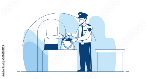 Security Guard Inspects Bag at Checkpoint - Social Distancing Style