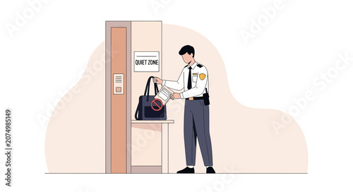 Security guard inspects bag at quiet zone checkpoint with metal detector