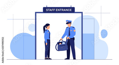 Security Guard Inspects Bag at Staff Entrance