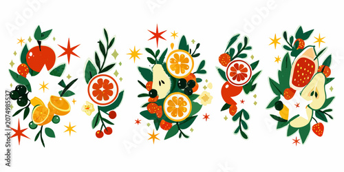 Fotografie Fruit And Floral Arrangements Colorful Vector Illustration On White Background