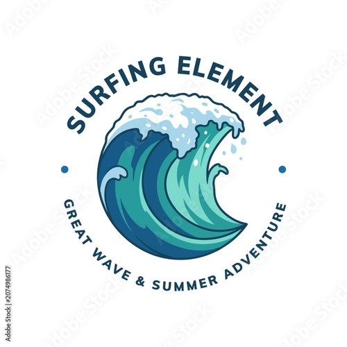 A vibrant depiction of a crashing wave reflects the exhilarating spirit of surfing and summer adventures, inviting the viewer to experience fun and excitement by the ocean.