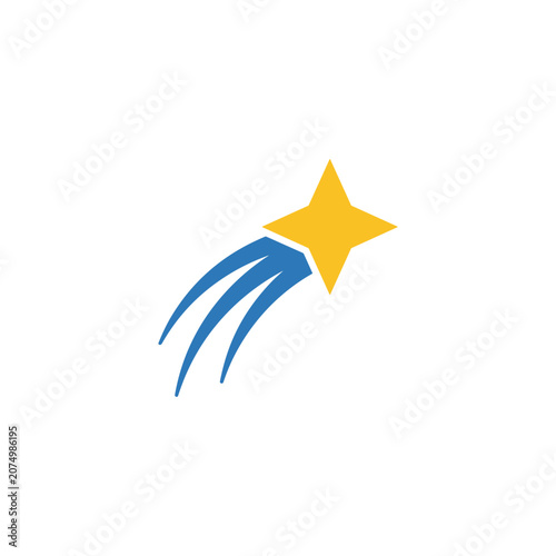 Yellow four pointed shooting star with blue motion trail