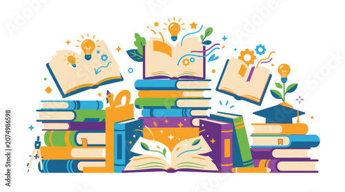 Stack of colorful books and graduation cap.