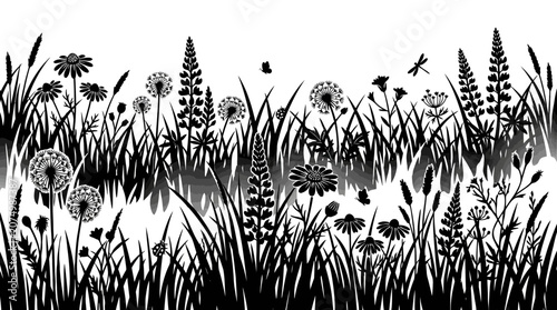 Illustrazione vettoriale in bianco e nero di un prato fiorito con erba alta, fiori di campo, denti di leone e libellule, ideale come bordo decorativo o sfondo naturale elegante.