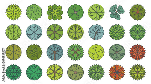 Set di icone vettoriali con alberi visti dall'alto, collezione di piante stilizzate per architettura paesaggistica, design urbano e planimetrie di giardini su sfondo bianco isolato.