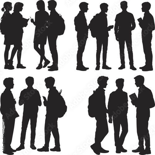 Silhouettes of Young People Talking and Using Phones in Groups students teenagers