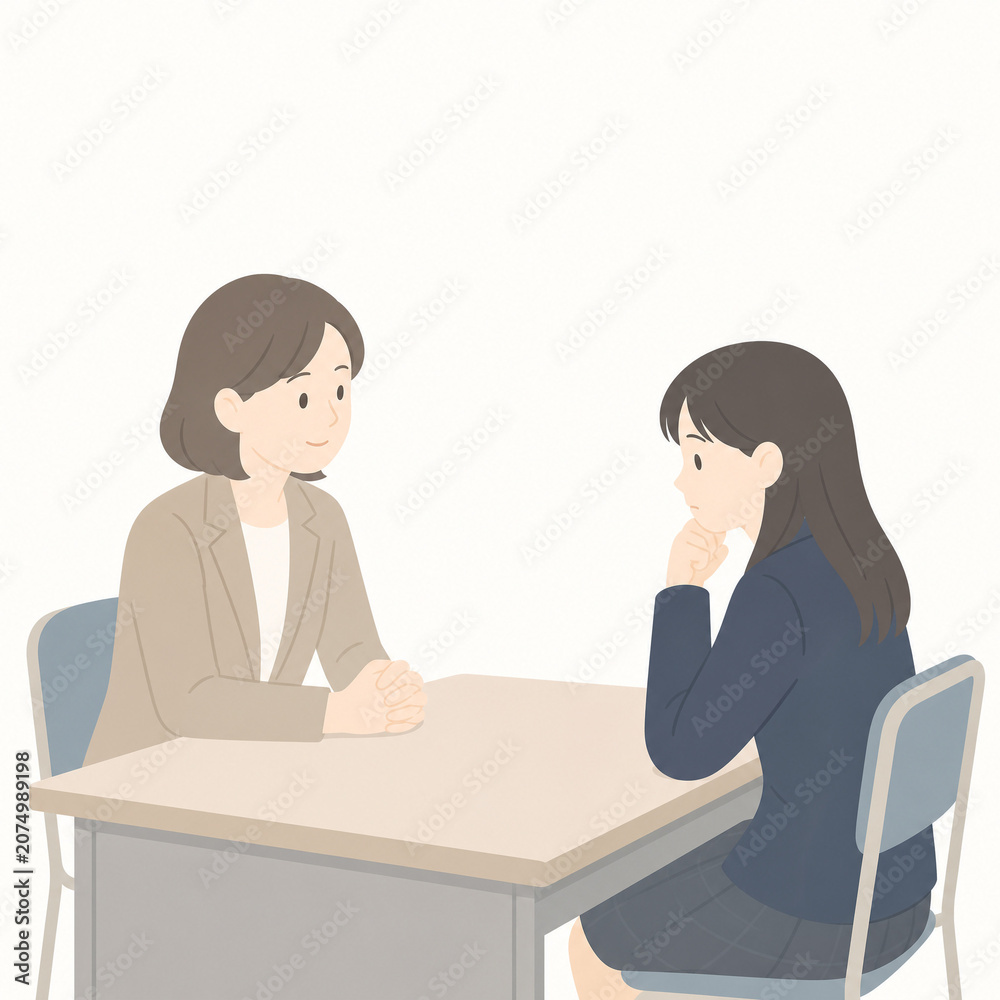 Fototapeta premium 二者面談・進路相談のイメージ（学校教育イラスト） シンプルで柔らかい絵柄