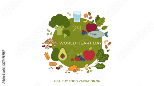 Circle of healthy foods surrounding World Heart Day text