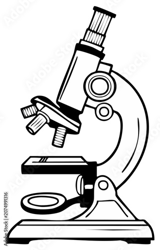 Detailed black and white illustration of a classic laboratory microscope, perfect for science