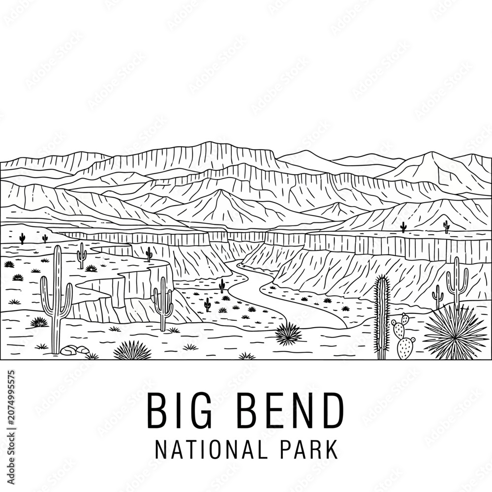 Fototapeta premium Big Bend National Park Landscape Line Drawing, Desert Canyons, River, and Cacti