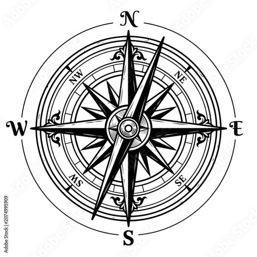 Black and white vector icon of a vintage nautical compass rose