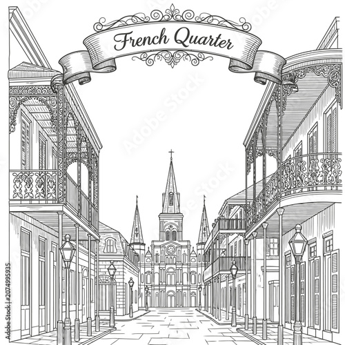 French Quarter New Orleans Sketch: Historic Street and St. Louis Cathedral