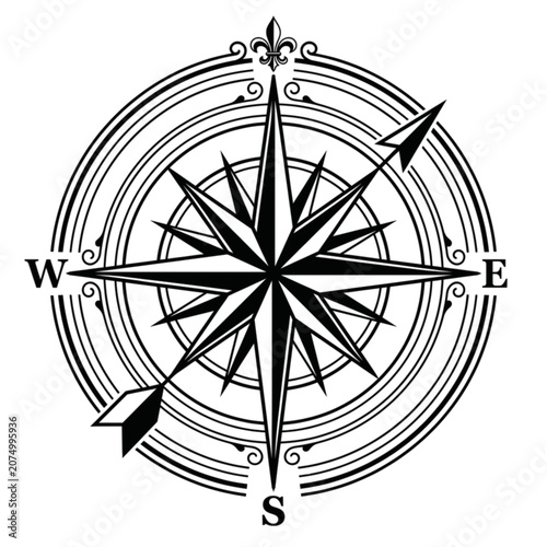 Compass design with ornate details in black and white for navigation concept