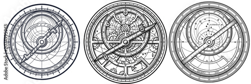 Simple yet detailed black and white vector icon of an ancient astrolabe (navigation instrument)