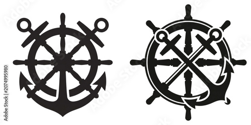 Combined black and white vector icon: a ship's steering wheel crossed with a naval anchor