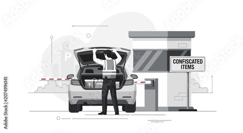 Officer inspects car trunk at customs checkpoint with confiscated items sign