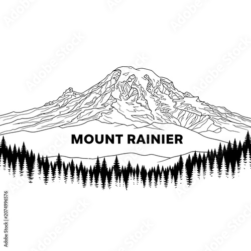 Mount Rainier Line Art with Evergreen Forest Silhouette