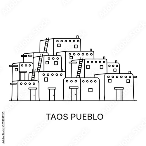 Taos Pueblo Adobe Buildings Outline Vector Illustration