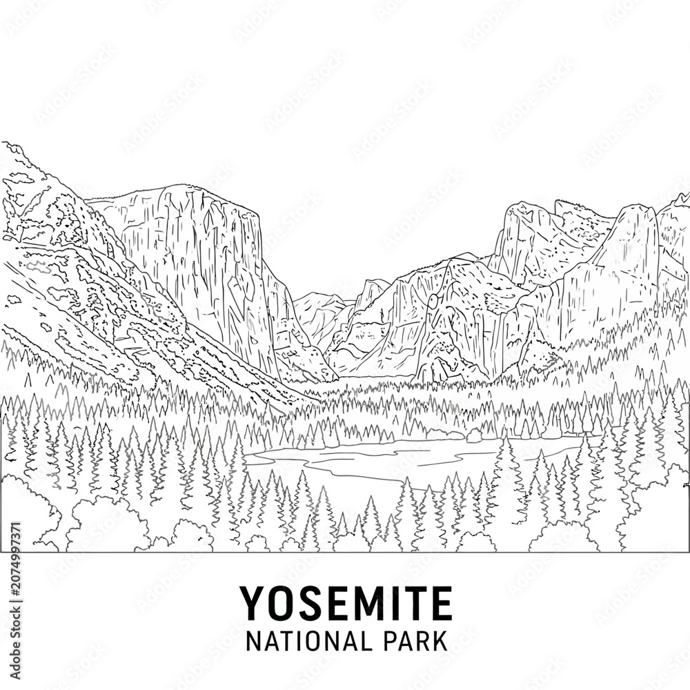 Fototapeta premium Yosemite National Park Landscape Line Drawing