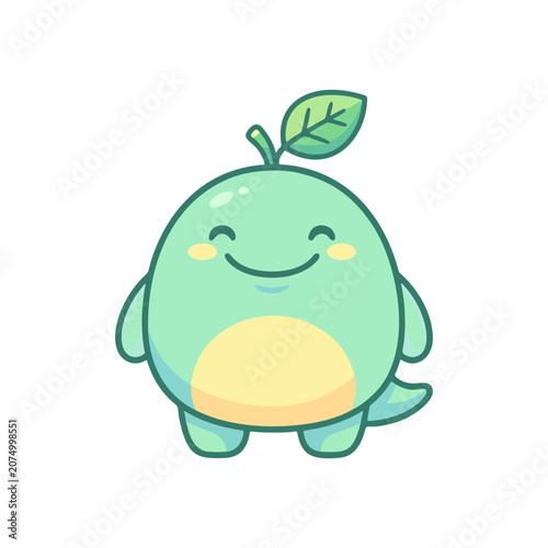 cute green monster with leaf on head, clean flat vector