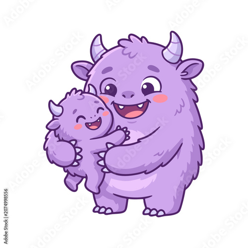 cute purple monster family (big and baby monster), hugging, happy smiles, clean flat vector illustration