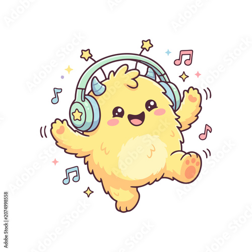adorable yellow monster with headphones, dancing pose, joyful face, clean vector art