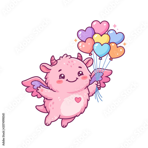 pink monster with tiny heart balloons, clean flat vector illustration