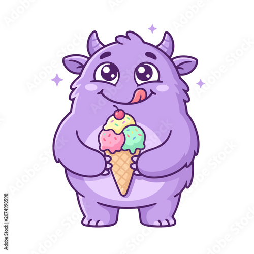 friendly purple monster holding ice cream, clean flat vector illustration