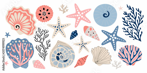 Bild auf Leinwand Seashells And Marine Life A Colorful Vector Illustration Collection