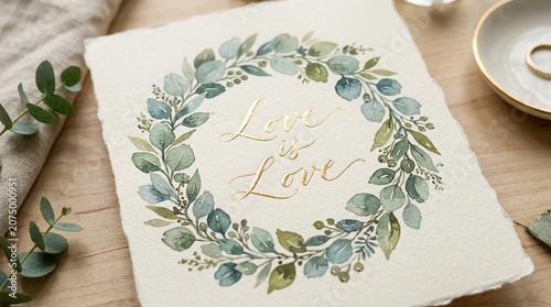 Elegant watercolor wedding invitation with eucalyptus wreath, Love is Love gold calligraphy on deckle edge paper, romantic botanical greeting card