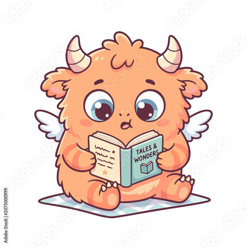 orange monster reading a tiny book  clean vector design